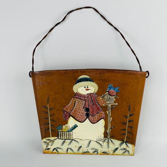 Crazy Mountain Rustic Tin Hanging Wall Bucket Farmhouse Snowman Wire Handle - Picture 1 of 6